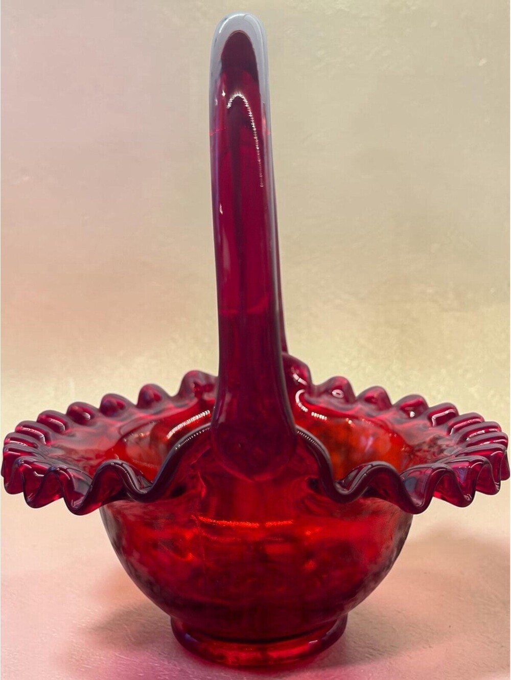 Fenton Handled Basket Red Crimped Edge Glass Vintage  Art Glass Stamped